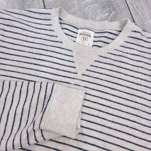 Fossil Sweatshirt Mens Large Oatmeal Navy Blue Striped V-Stitch Pullover